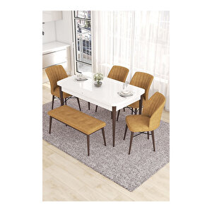 Eva Serisi, 80x132 Açılabilir Mdf Beyaz Masa Ceviz Ayak Mutfak Masası Ve 4 Sandalye 1 Bench Cappucino