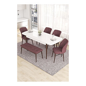Eva Serisi, 80x132 Açılabilir Mdf Beyaz Masa Ceviz Ayak Mutfak Masası Ve 4 Sandalye 1 Bench Gül Kurusu