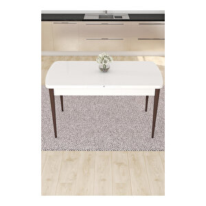 Eva Serisi, 80x132 Açılabilir Mdf Beyaz Masa Ceviz Ayak Mutfak Masası Ve 4 Sandalye 1 Bench Gül Kurusu