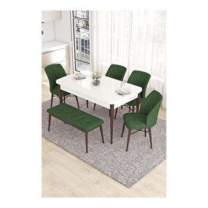 Eva Serisi, 80x132 Açılabilir Mdf Beyaz Masa Ceviz Ayak Mutfak Masası Ve 4 Sandalye 1 Bench Haki Yeşili