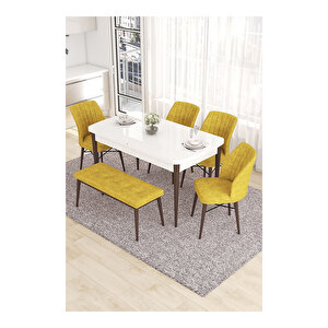 Eva Serisi, 80x132 Açılabilir Mdf Beyaz Masa Ceviz Ayak Mutfak Masası Ve 4 Sandalye 1 Bench Hardal