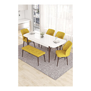 Eva Serisi, 80x132 Açılabilir Mdf Beyaz Masa Ceviz Ayak Mutfak Masası Ve 4 Sandalye 1 Bench Hardal