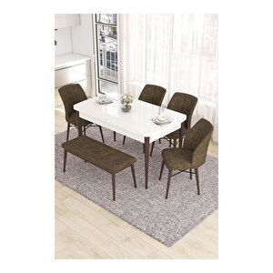 Eva Serisi, 80x132 Açılabilir Mdf Beyaz Masa Ceviz Ayak Mutfak Masası Ve 4 Sandalye 1 Bench Kahverengi