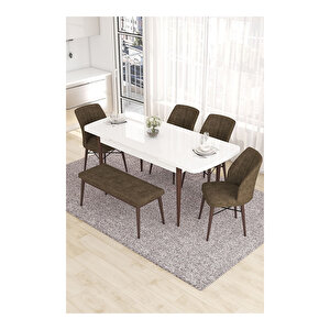 Eva Serisi, 80x132 Açılabilir Mdf Beyaz Masa Ceviz Ayak Mutfak Masası Ve 4 Sandalye 1 Bench Kahverengi
