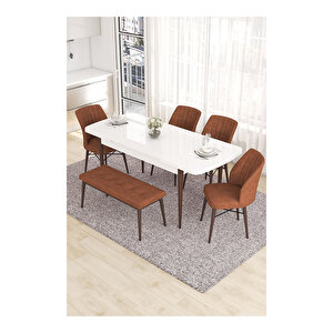 Eva Serisi, 80x132 Açılabilir Mdf Beyaz Masa Ceviz Ayak Mutfak Masası Ve 4 Sandalye 1 Bench Kiremit