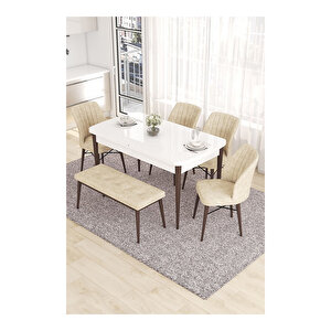 Eva Serisi, 80x132 Açılabilir Mdf Beyaz Masa Ceviz Ayak Mutfak Masası Ve 4 Sandalye 1 Bench Krem