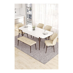 Eva Serisi, 80x132 Açılabilir Mdf Beyaz Masa Ceviz Ayak Mutfak Masası Ve 4 Sandalye 1 Bench Krem