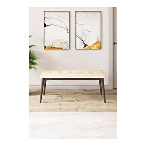 Eva Serisi, 80x132 Açılabilir Mdf Beyaz Masa Ceviz Ayak Mutfak Masası Ve 4 Sandalye 1 Bench