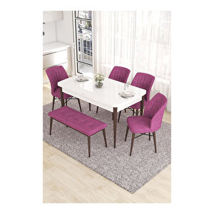 Eva Serisi, 80x132 Açılabilir Mdf Beyaz Masa Ceviz Ayak Mutfak Masası Ve 4 Sandalye 1 Bench Mor