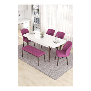 Eva Serisi, 80x132 Açılabilir Mdf Beyaz Masa Ceviz Ayak Mutfak Masası Ve 4 Sandalye 1 Bench Mor