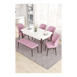 Eva Serisi, 80x132 Açılabilir Mdf Beyaz Masa Ceviz Ayak Mutfak Masası Ve 4 Sandalye 1 Bench Pembe
