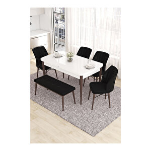 Eva Serisi, 80x132 Açılabilir Mdf Beyaz Masa Ceviz Ayak Mutfak Masası Ve 4 Sandalye 1 Bench Siyah