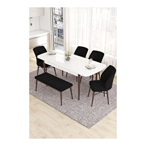 Eva Serisi, 80x132 Açılabilir Mdf Beyaz Masa Ceviz Ayak Mutfak Masası Ve 4 Sandalye 1 Bench