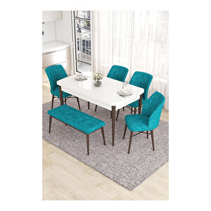 Eva Serisi, 80x132 Açılabilir Mdf Beyaz Masa Ceviz Ayak Mutfak Masası Ve 4 Sandalye 1 Bench Turkuaz