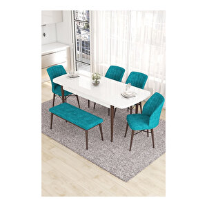 Eva Serisi, 80x132 Açılabilir Mdf Beyaz Masa Ceviz Ayak Mutfak Masası Ve 4 Sandalye 1 Bench Turkuaz