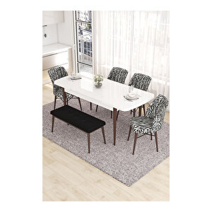 Eva Serisi, 80x132 Açılabilir Mdf Beyaz Masa Ceviz Ayak Mutfak Masası Ve 4 Zebra Desen Sandalye 1 Siyah Bench