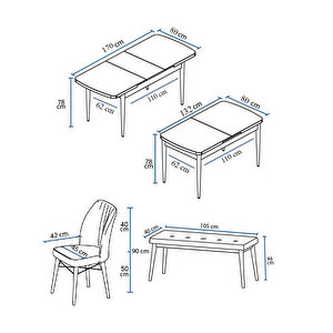 Eva Serisi, 80x132 Açılabilir Mdf Beyaz Masa Ceviz Ayak Mutfak Masası Ve 4 Sandalye 1 Zebra Desen Bench