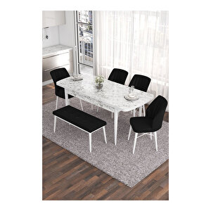 Eva Serisi, 80x132 Açılabilir Mdf Beyaz Mermer Desen Masa Mutfak Masası Ve 4 Sandalye 1 Bench Siyah
