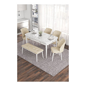 Eva Serisi, 80x132 Açılabilir Mdf Beyaz Mermer Desen Masa Mutfak Masası Ve 4 Sandalye 1 Bench Krem