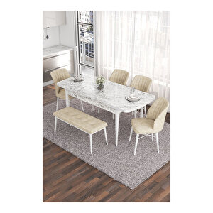 Eva Serisi, 80x132 Açılabilir Mdf Beyaz Mermer Desen Masa Mutfak Masası Ve 4 Sandalye 1 Bench Krem