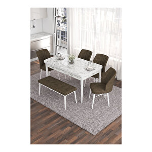Eva Serisi, 80x132 Açılabilir Mdf Beyaz Mermer Desen Masa Mutfak Masası Ve 4 Sandalye 1 Bench Kahverengi