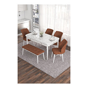 Eva Serisi, 80x132 Açılabilir Mdf Beyaz Mermer Desen Masa Mutfak Masası Ve 4 Sandalye 1 Bench Kiremit