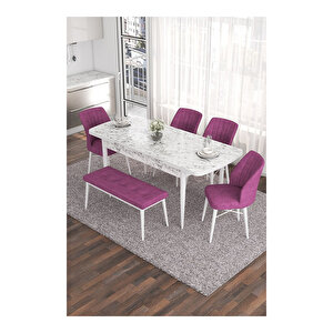 Eva Serisi, 80x132 Açılabilir Mdf Beyaz Mermer Desen Masa Mutfak Masası Ve 4 Sandalye 1 Bench Mor