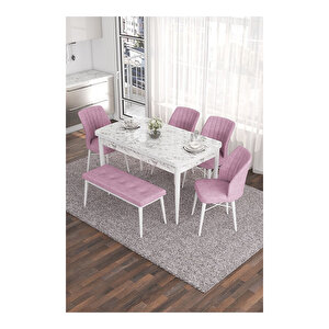 Eva Serisi, 80x132 Açılabilir Mdf Beyaz Mermer Desen Masa Mutfak Masası Ve 4 Sandalye 1 Bench Pembe