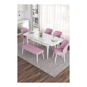 Eva Serisi, 80x132 Açılabilir Mdf Beyaz Mermer Desen Masa Mutfak Masası Ve 4 Sandalye 1 Bench Pembe