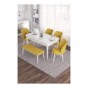 Eva Serisi, 80x132 Açılabilir Mdf Beyaz Mermer Desen Masa Mutfak Masası Ve 4 Sandalye 1 Bench Hardal