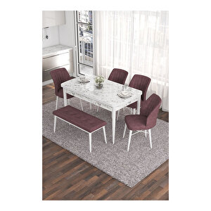 Eva Serisi, 80x132 Açılabilir Mdf Beyaz Mermer Desen Masa Mutfak Masası Ve 4 Sandalye 1 Bench Gül Kurusu