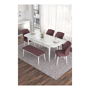 Eva Serisi, 80x132 Açılabilir Mdf Beyaz Mermer Desen Masa Mutfak Masası Ve 4 Sandalye 1 Bench Gül Kurusu