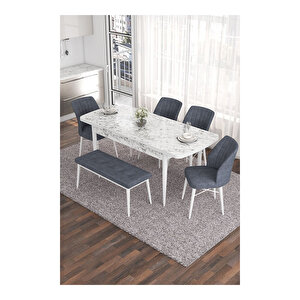 Eva Serisi, 80x132 Açılabilir Mdf Beyaz Mermer Desen Masa Mutfak Masası Ve 4 Sandalye 1 Bench Füme