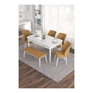 Eva Serisi, 80x132 Açılabilir Mdf Beyaz Mermer Desen Masa Mutfak Masası Ve 4 Sandalye 1 Bench Cappucino