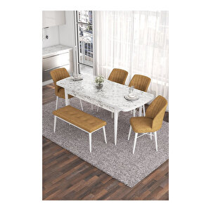Eva Serisi, 80x132 Açılabilir Mdf Beyaz Mermer Desen Masa Mutfak Masası Ve 4 Sandalye 1 Bench Cappucino