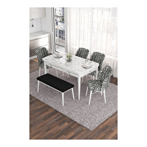 Eva Serisi, 80x132 Açılabilir Mdf Beyaz Mermer Desen Masa Mutfak Masası Ve 4 Sandalye 1 Zebra Desen Bench Siyah