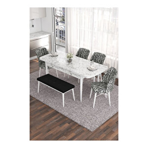 Eva Serisi, 80x132 Açılabilir Mdf Beyaz Mermer Desen Masa Mutfak Masası Ve 4 Sandalye 1 Zebra Desen Bench Siyah