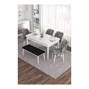 Eva Serisi, 80x132 Açılabilir Mdf Beyaz Mermer Desen Masa Mutfak Masası Ve 4 Zebra Desen Sandalye 1 Siyah Bench