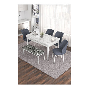 Eva Serisi, 80x132 Açılabilir Mdf Beyaz Mermer Desen Masa Mutfak Masası Ve 4 Sandalye 1 Zebra Desen Bench Füme