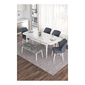 Eva Serisi, 80x132 Açılabilir Mdf Beyaz Mermer Desen Masa Mutfak Masası Ve 4 Sandalye 1 Zebra Desen Bench Füme