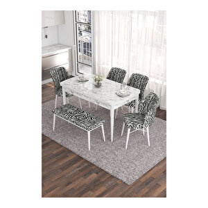 Eva Serisi, 80x132 Açılabilir Mdf Beyaz Mermer Desen Masa Mutfak Masası Ve 4 Sandalye 1 Zebra Desen Bench Zebra