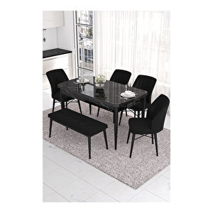 Eva Serisi, 80x132 Açılabilir Mdf Siyah Mermer Desen Masa Mutfak Masası Ve 4 Sandalye 1 Bench Siyah