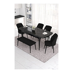 Eva Serisi, 80x132 Açılabilir Mdf Siyah Mermer Desen Masa Mutfak Masası Ve 4 Sandalye 1 Bench Siyah
