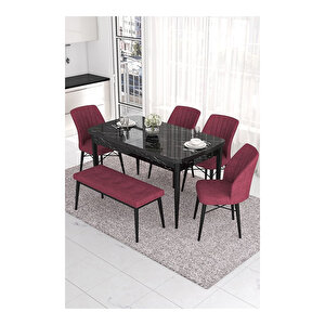 Eva Serisi, 80x132 Açılabilir Mdf Siyah Mermer Desen Masa Mutfak Masası Ve 4 Sandalye 1 Bench Bordo