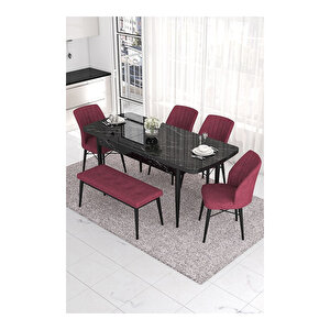 Eva Serisi, 80x132 Açılabilir Mdf Siyah Mermer Desen Masa Mutfak Masası Ve 4 Sandalye 1 Bench Bordo