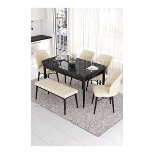 Eva Serisi, 80x132 Açılabilir Mdf Siyah Mermer Desen Masa Mutfak Masası Ve 4 Sandalye 1 Bench Krem
