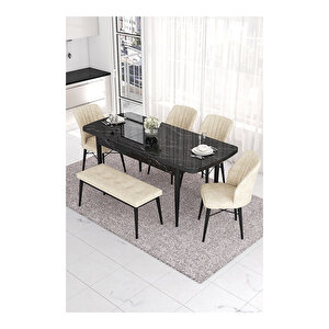 Eva Serisi, 80x132 Açılabilir Mdf Siyah Mermer Desen Masa Mutfak Masası Ve 4 Sandalye 1 Bench Krem