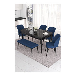 Eva Serisi, 80x132 Açılabilir Mdf Siyah Mermer Desen Masa Mutfak Masası Ve 4 Sandalye 1 Bench Lacivert