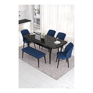Eva Serisi, 80x132 Açılabilir Mdf Siyah Mermer Desen Masa Mutfak Masası Ve 4 Sandalye 1 Bench Lacivert
