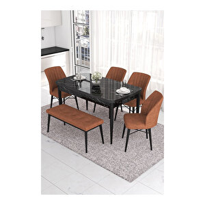 Eva Serisi, 80x132 Açılabilir Mdf Siyah Mermer Desen Masa Mutfak Masası Ve 4 Sandalye 1 Bench Kiremit